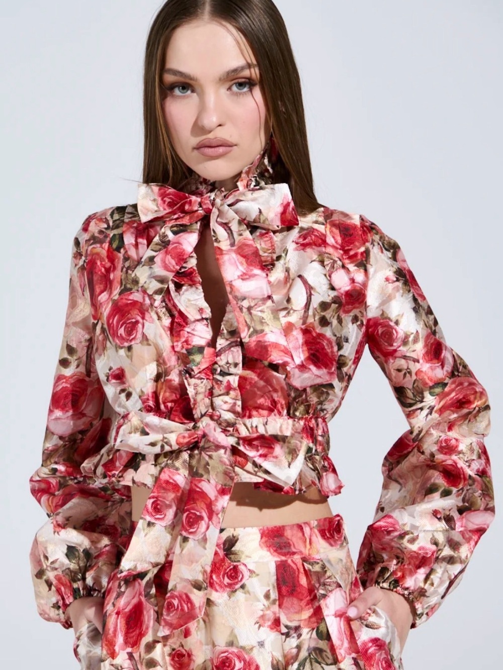 AKIRA Pink and Red Rose Tie-Neck Crop Blouse